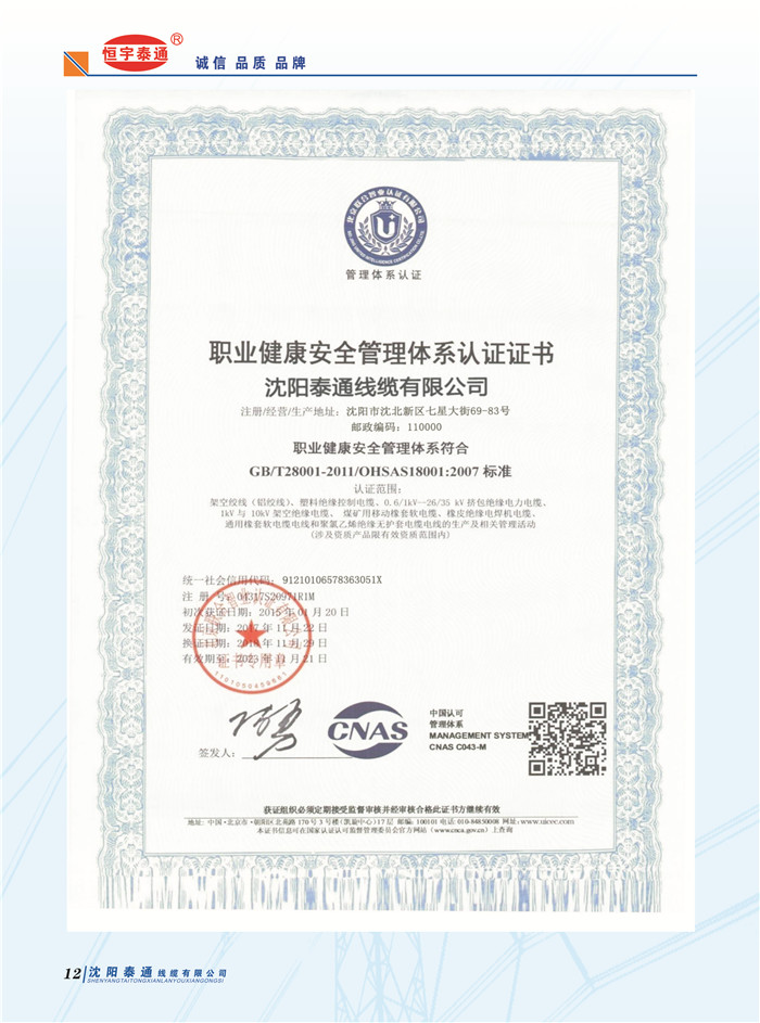 職業(yè)健康安全管理體系認(rèn)證證書